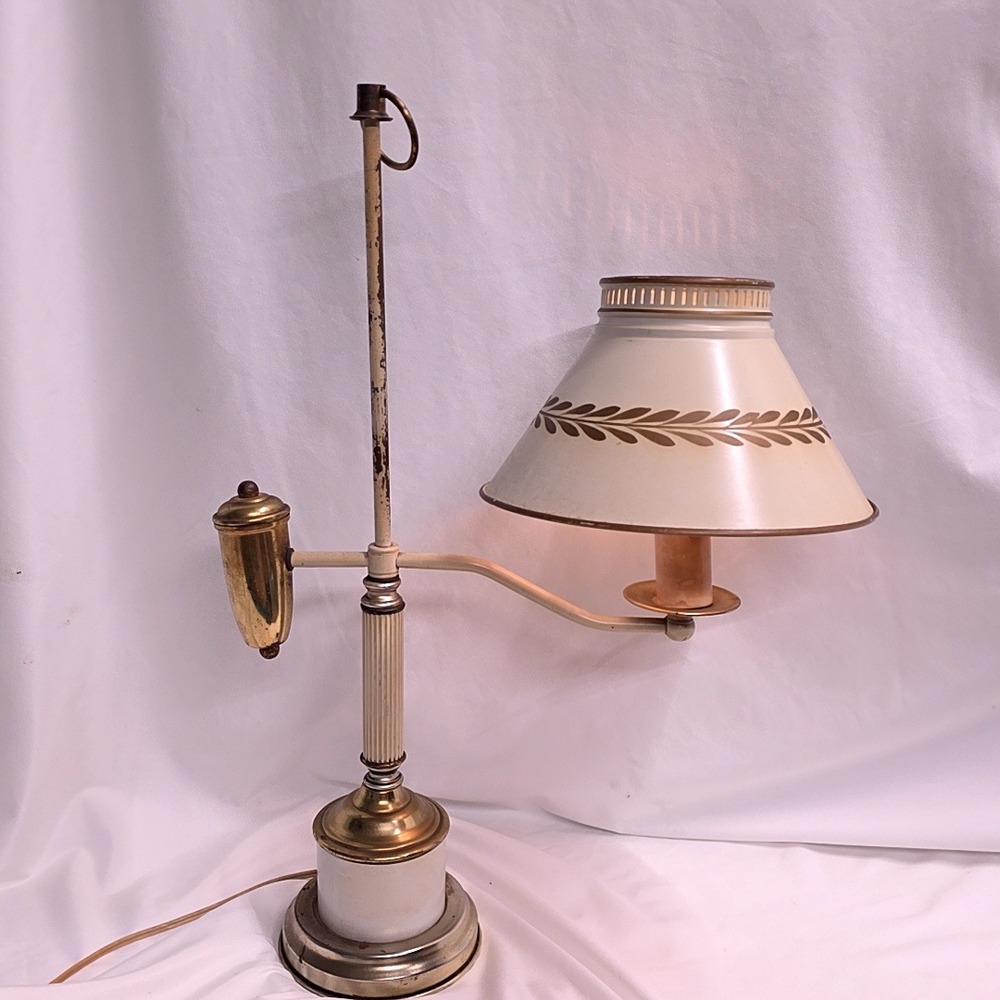 Vintage Toleware Student Desk Lamp Cream Brass Swing Arm Laurel Leaf MCM Rustic